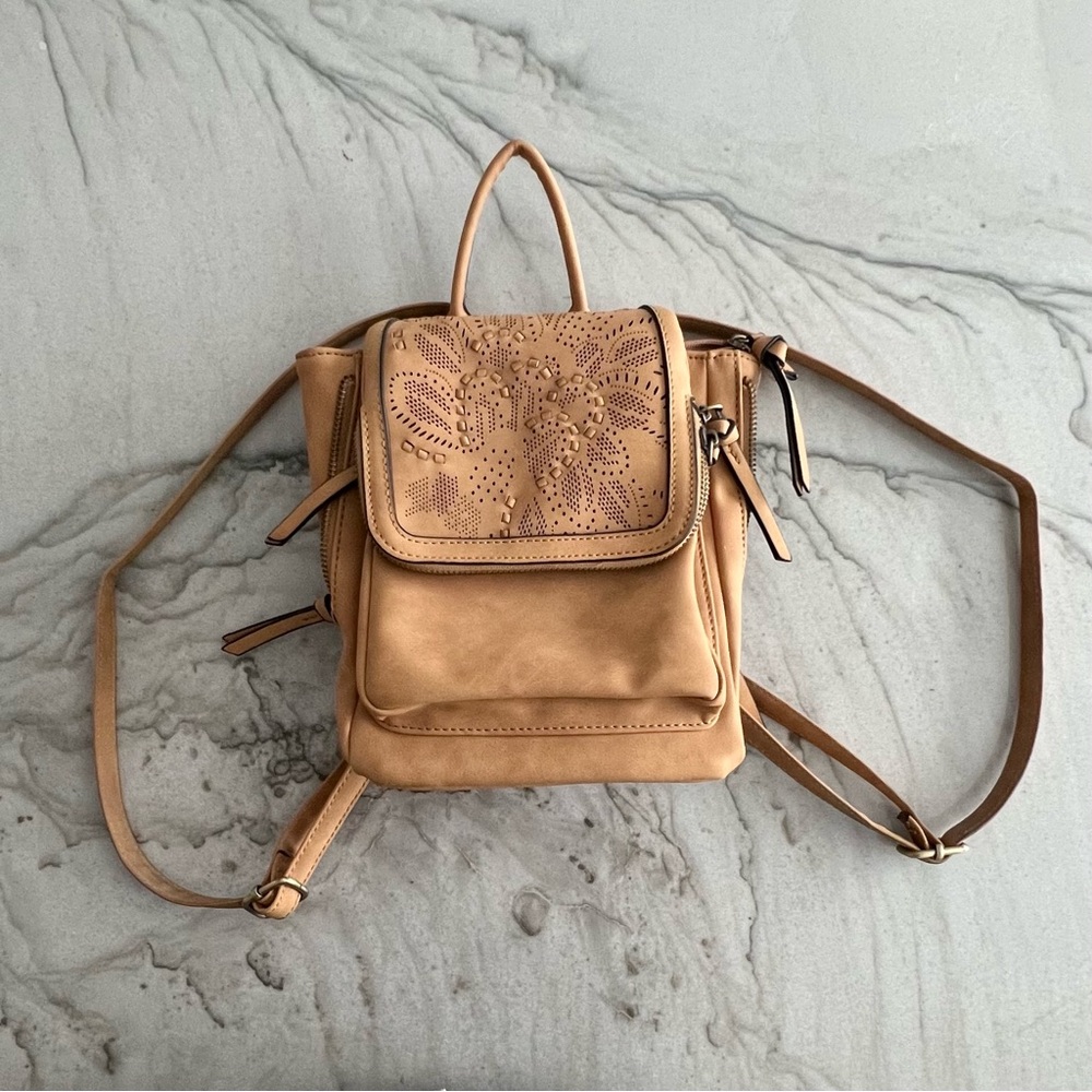 Tan Suede-Leather Backpack with Floral Design